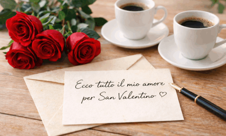 Ecco tutto il mio amore per San Valentino” e cuore disegnato, accanto a rose rosse e due tazze di caffè su tavolo in legno