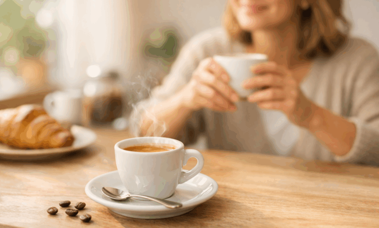 Tazzina di caffè espresso al mattino, simbolo di una pausa quotidiana che può influenzare l’umore.