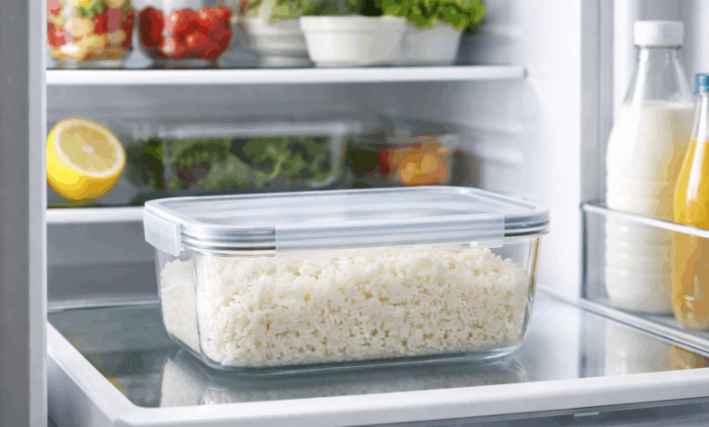 Riso cotto conservato correttamente in frigorifero in un contenitore di vetro