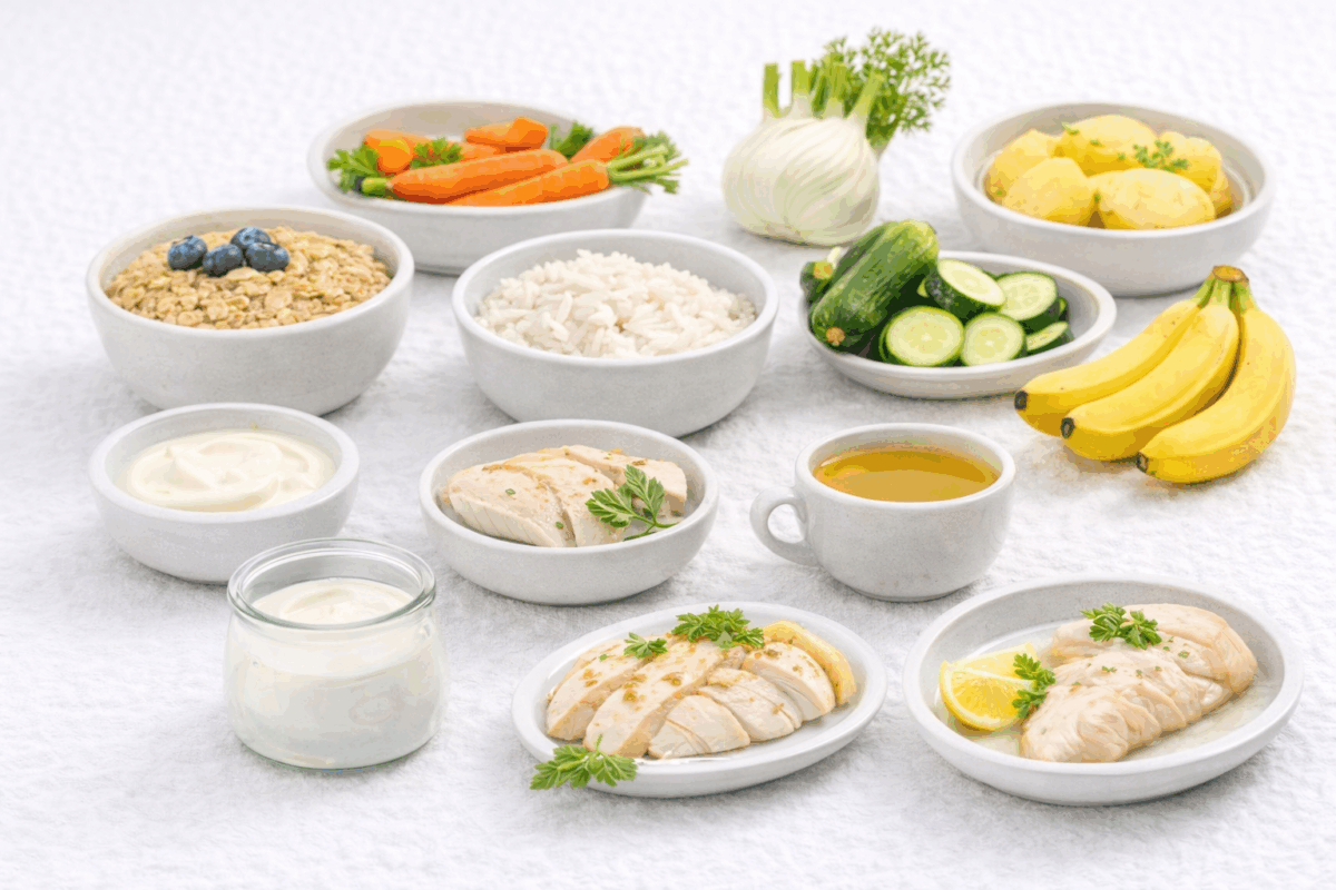 Tavola con i 12 cibi consigliati per il reflusso: avena, riso bianco, patate lesse, banane, zucchine, carote, finocchio, yogurt naturale, carni bianche, pesce magro e camomilla