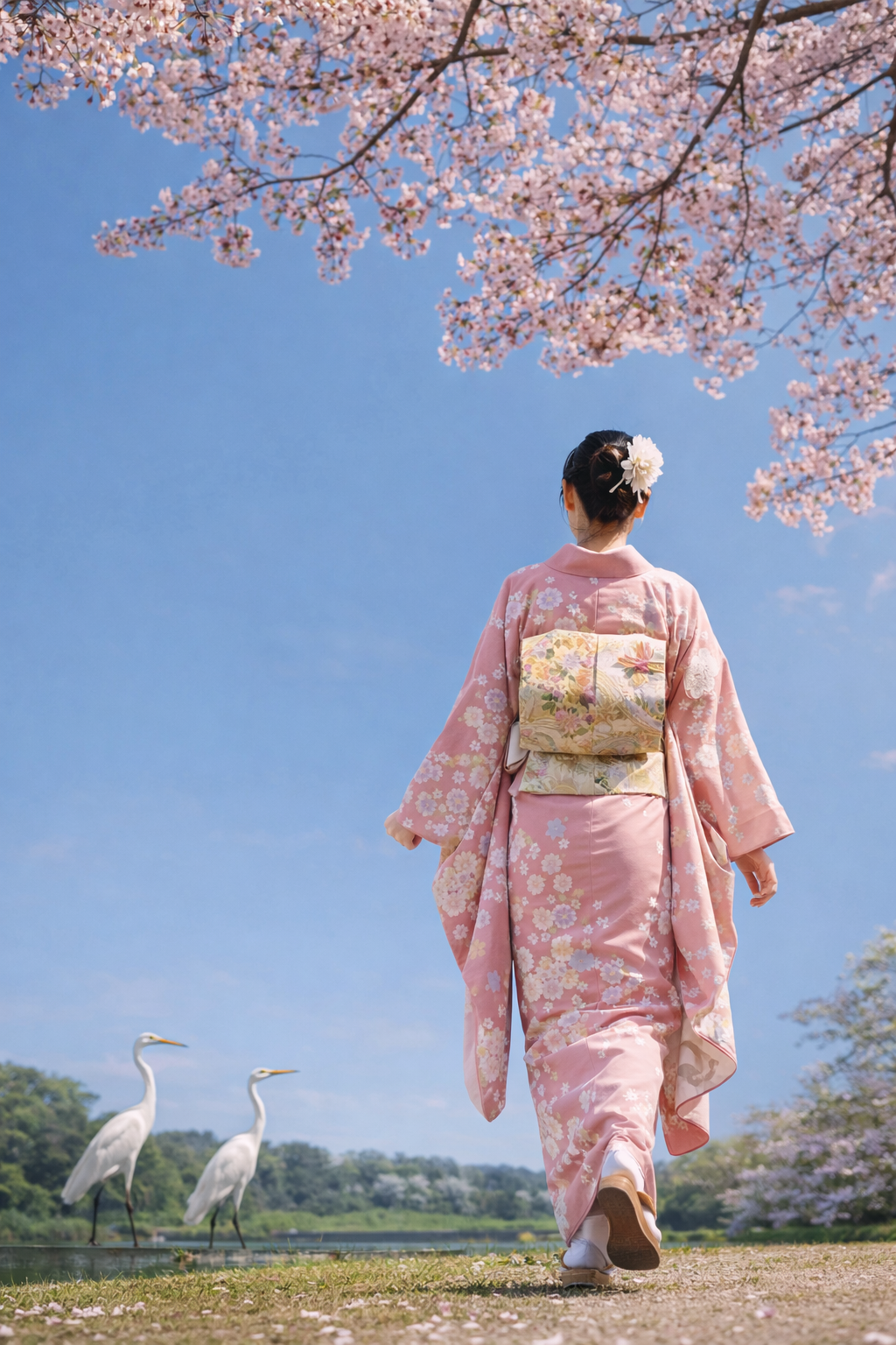 Hanami in Giappone: geisha tra ciliegi in fiore e aironi