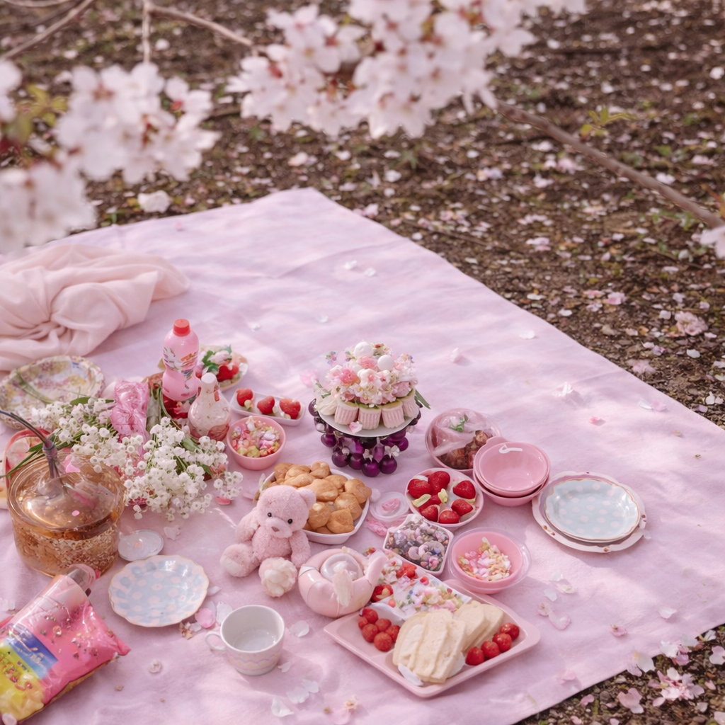 Picnic sotto i ciliegi in fiore con tovaglia rosa e dolci, atmosfera primaverile hanami