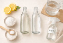 Bottiglie di vetro trasparenti su fondo chiaro con limone, aceto bianco, bicarbonato e sale per pulizia naturale senza aloni