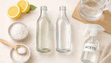 Bottiglie di vetro trasparenti su fondo chiaro con limone, aceto bianco, bicarbonato e sale per pulizia naturale senza aloni