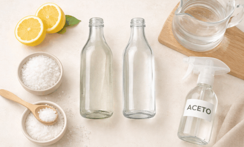 Bottiglie di vetro trasparenti su fondo chiaro con limone, aceto bianco, bicarbonato e sale per pulizia naturale senza aloni