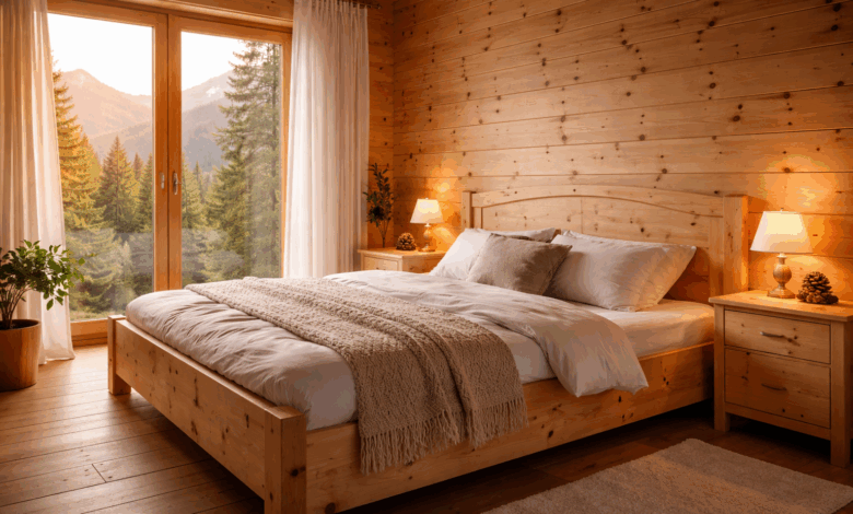 Camera da letto in legno di cirmolo con luce calda dell’alba, ambiente naturale e rilassante ideale per dormire meglio