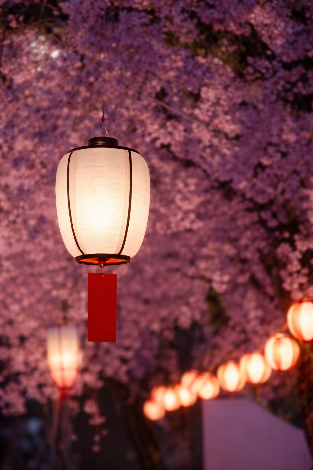 Lanterna giapponese in carta di riso tra ciliegi in fiore illuminati al tramonto durante l’hanami