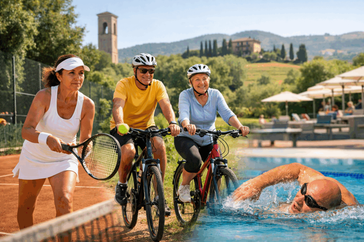 Persone di diverse età che praticano tennis, ciclismo e nuoto all’aperto in Italia