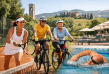 Persone di diverse età che praticano tennis, ciclismo e nuoto all’aperto in Italia