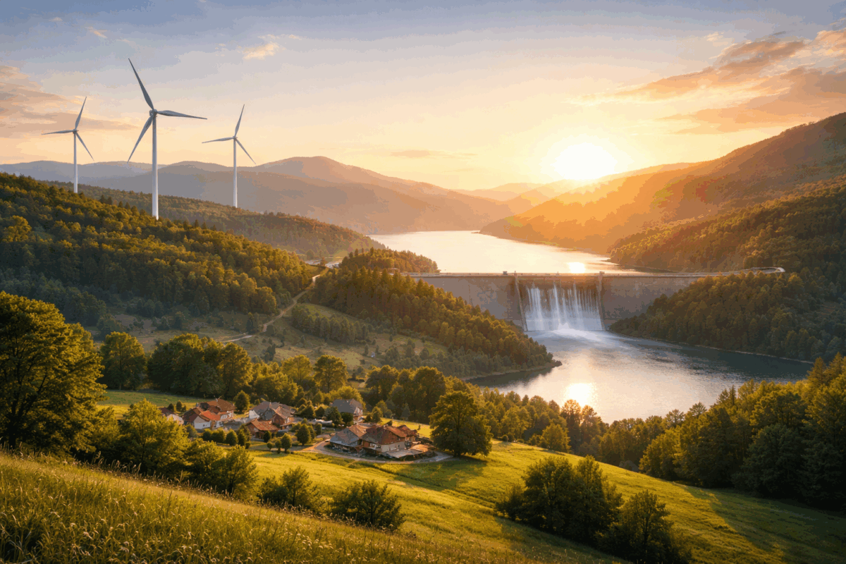 Diga idroelettrica e turbine eoliche in un paesaggio verde all’alba, simbolo di energia rinnovabile.