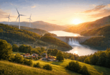 Diga idroelettrica e turbine eoliche in un paesaggio verde all’alba, simbolo di energia rinnovabile.
