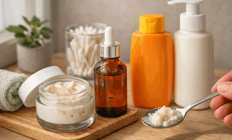 Cosmetici aperti su mobiletto bagno con crema viso alterata su cucchiaino, siero, solare e docciaschiuma per illustrare quando buttare i cosmetici scadut