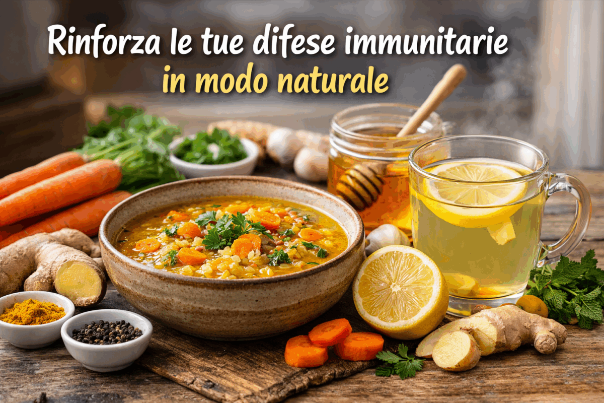 Zuppa di lenticchie con carote e zenzero accanto a tisana calda con limone e miele per rinforzare le difese immunitarie in inverno in modo naturale