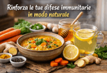 Zuppa di lenticchie con carote e zenzero accanto a tisana calda con limone e miele per rinforzare le difese immunitarie in inverno in modo naturale