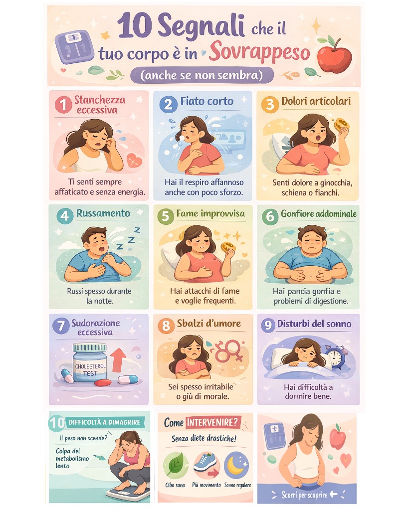 Infografica con 10 segnali che indicano sovrappeso nascosto come stanchezza, fame frequente, gonfiore addominale e difficoltà a dimagrire