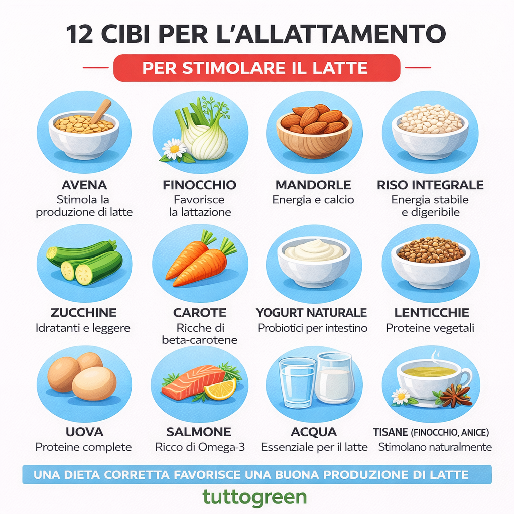 Infografica con 12 cibi per l’allattamento che stimolano la produzione di latte materno: avena, finocchio, mandorle, riso integrale, zucchine, carote, yogurt, lenticchie, uova, salmone, acqua e tisane