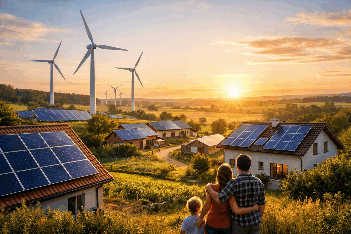 Case con pannelli solari e turbine eoliche in un paesaggio rurale che rappresenta l’accesso all’energia pulita e sostenibile per tutti
