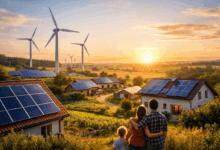 Case con pannelli solari e turbine eoliche in un paesaggio rurale che rappresenta l’accesso all’energia pulita e sostenibile per tutti