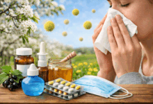 Persona con allergia primaverile che si soffia il naso tra pollini, rimedi naturali e farmaci antistaminici.