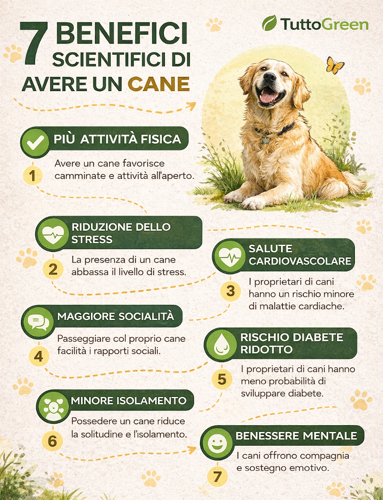 Infografica sui benefici scientifici di avere un cane: attività fisica, riduzione dello stress, salute cardiovascolare e benessere mental