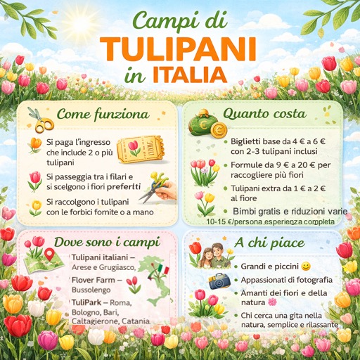 infografica campi di tulipani in Italia con prezzi autoraccolta come funziona e dove trovarli