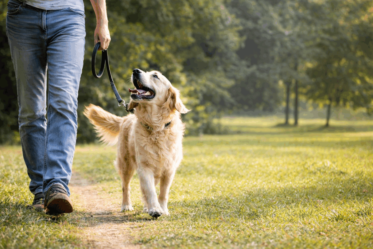 Persona che passeggia con il cane in un parco, attività fisica e benessere legati alla presenza di un animale domestico.
