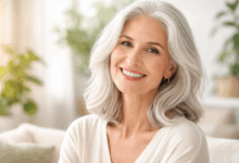 donna elegante con capelli bianchi naturali e luminosi che sorride in ambiente luminoso