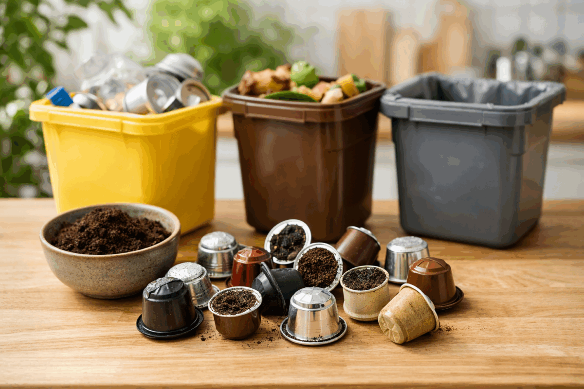 capsule di caffè usate in alluminio e plastica con fondi di caffè per raccolta differenziata