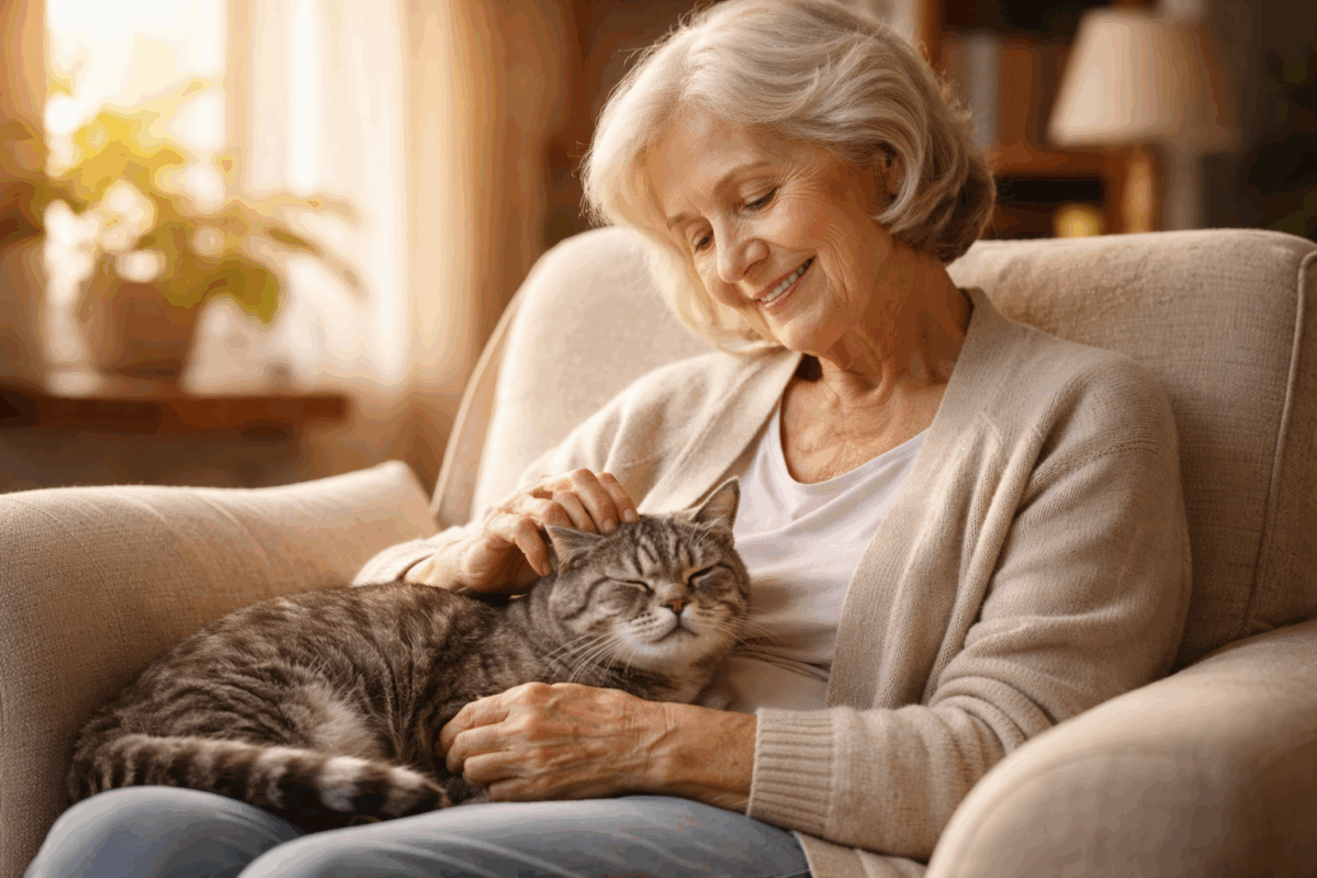 Donna anziana accarezza un gatto in una sessione di cat therapy per ridurre stress e solitudine