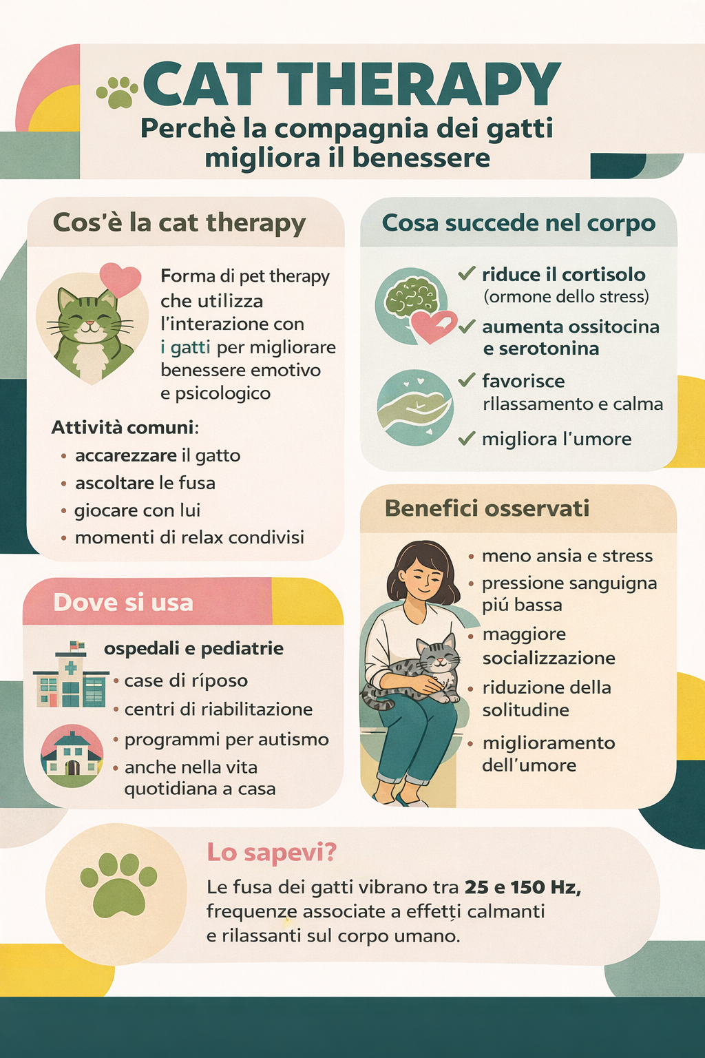 Infografica sulla cat therapy che spiega cos’è la terapia con i gatti, perché migliora l’umore e quali benefici scientifici ha per il benessere mentale