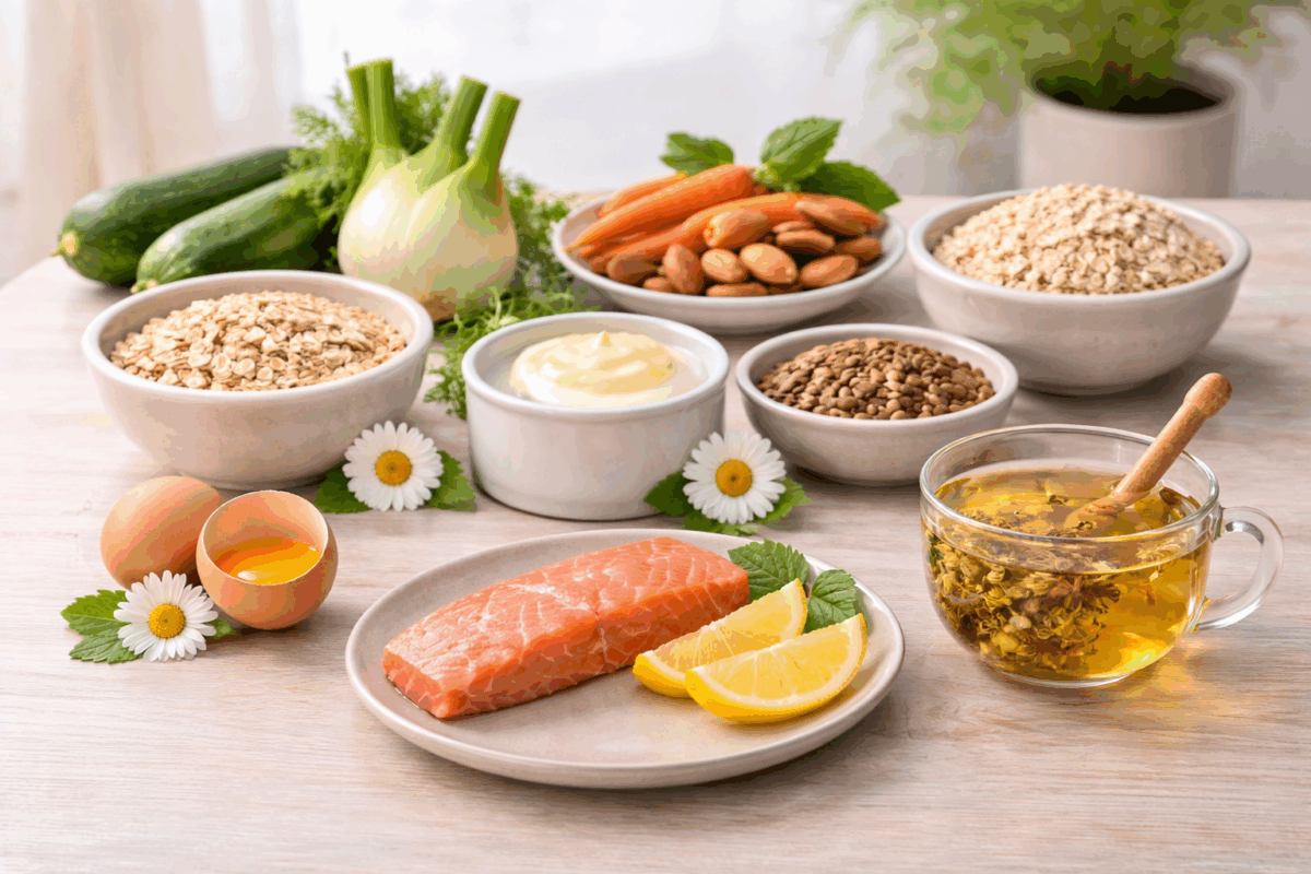 Alimenti naturali per l’allattamento disposti su tavolo in legno: avena, salmone, uova, yogurt, mandorle, lenticchie, finocchio e tisane per stimolare il latte materno