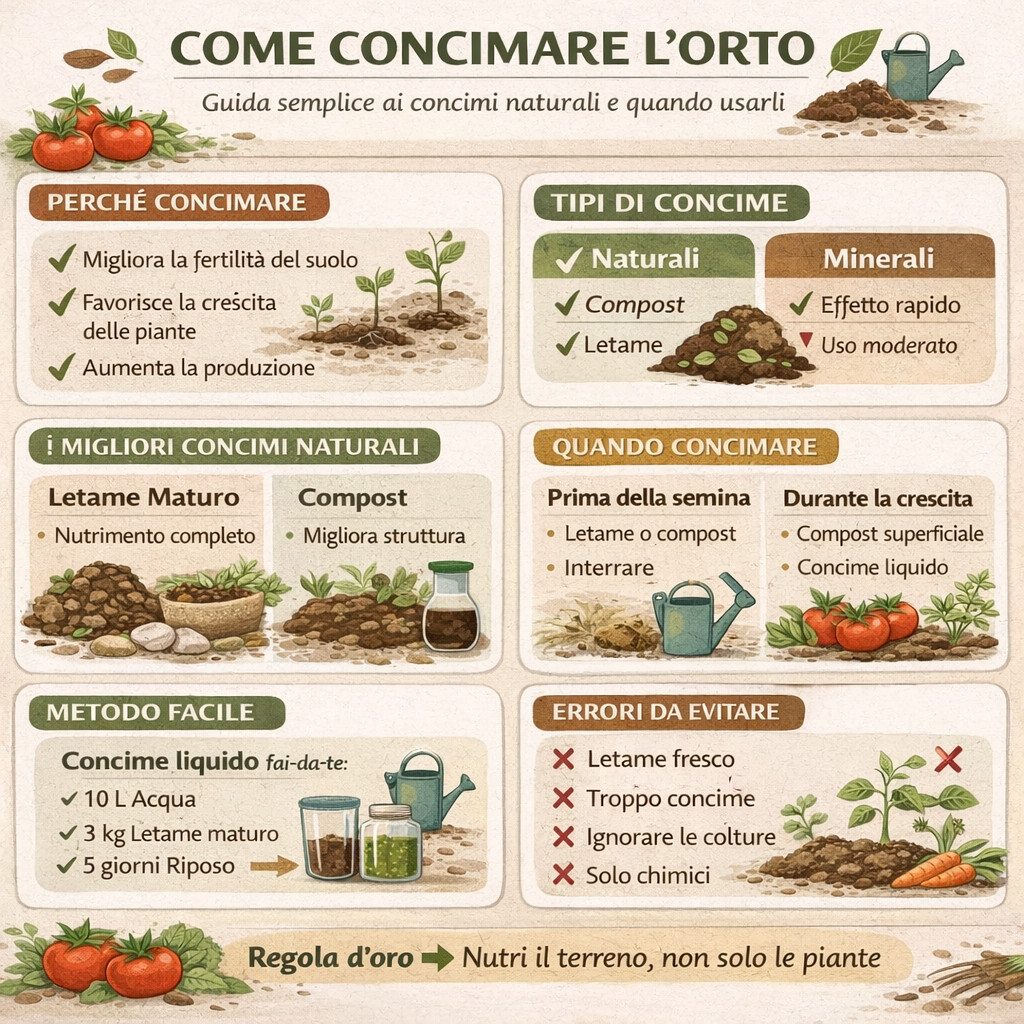 Infografica su come concimare l’orto con concimi naturali: tipi di fertilizzanti, quando usarli e errori da evitare