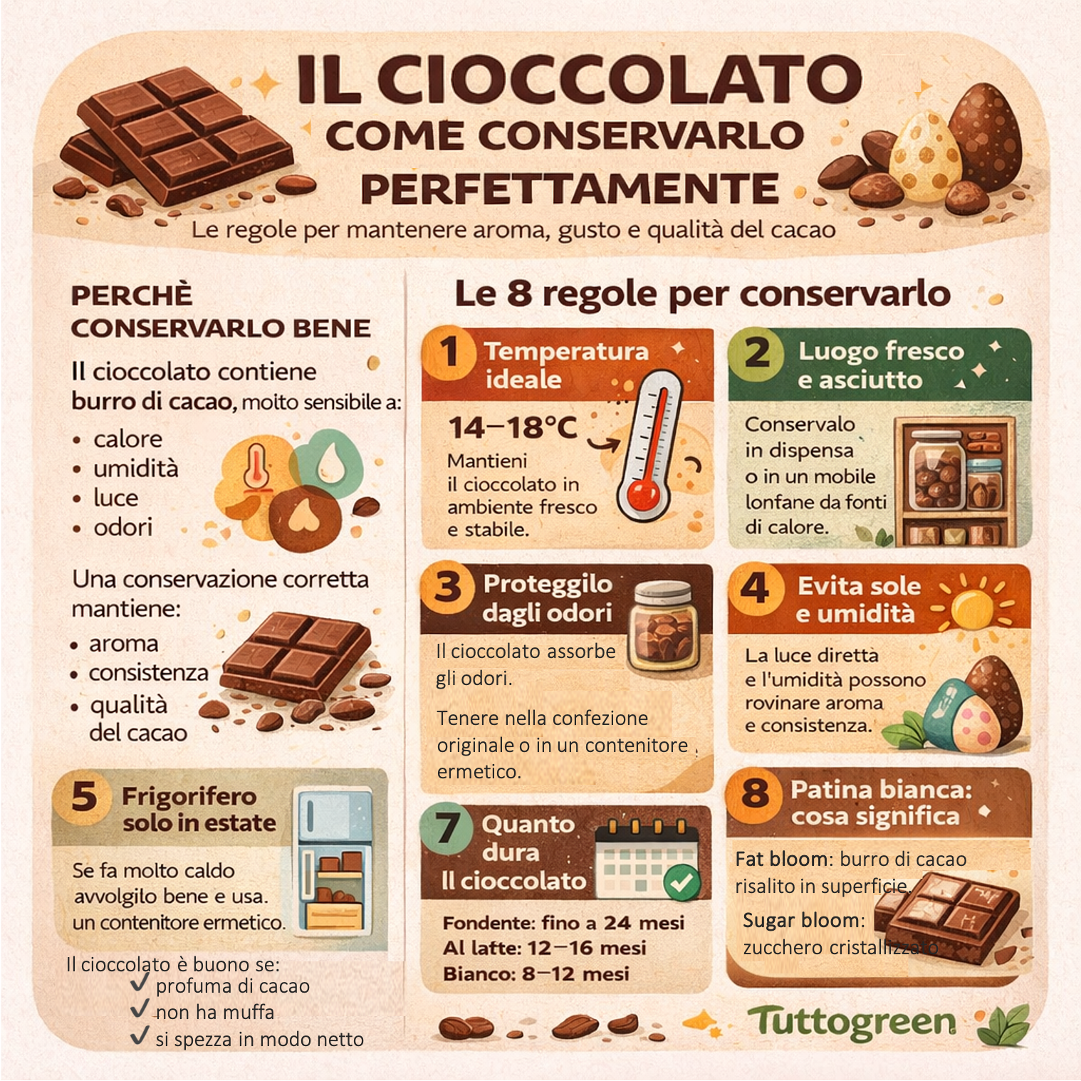 Infografica con le 8 regole per conservare il cioccolato correttamente: temperatura ideale, durata, uova di Pasqua e patina bianca