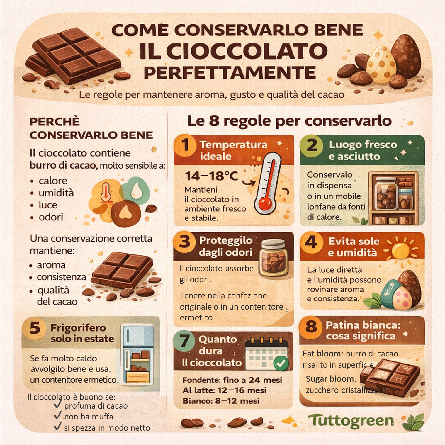 Infografica con le 8 regole per conservare il cioccolato correttamente: temperatura ideale, durata, uova di Pasqua e patina bianca