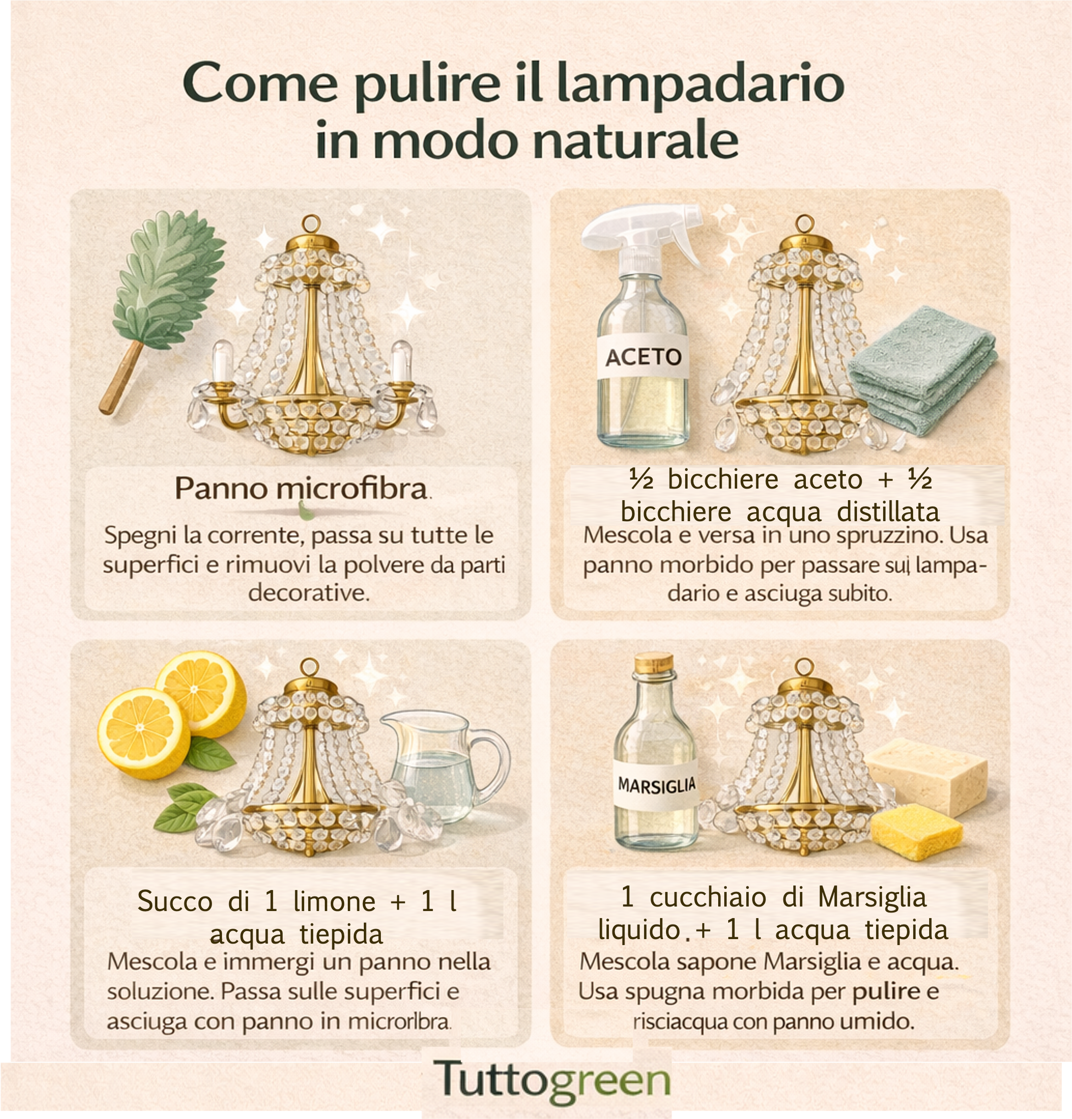 Infografica che mostra quattro metodi naturali per pulire un lampadario: panno in microfibra per la polvere, soluzione di aceto e acqua per gli aloni, limone come sgrassante e sapone di Marsiglia per una pulizia delicata.