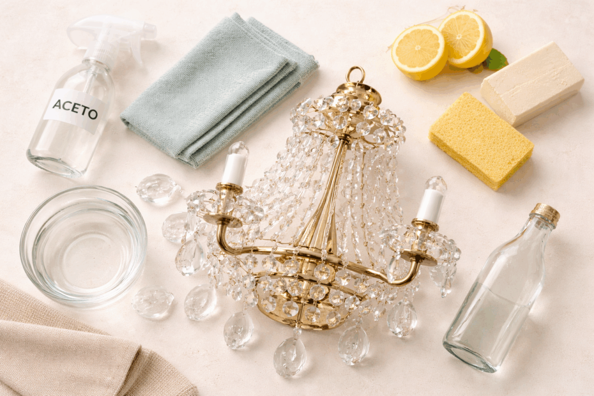 Lampadario in vetro appoggiato su tavolo con limone, aceto bianco, sapone di Marsiglia e panno per pulizia naturale senza aloni.