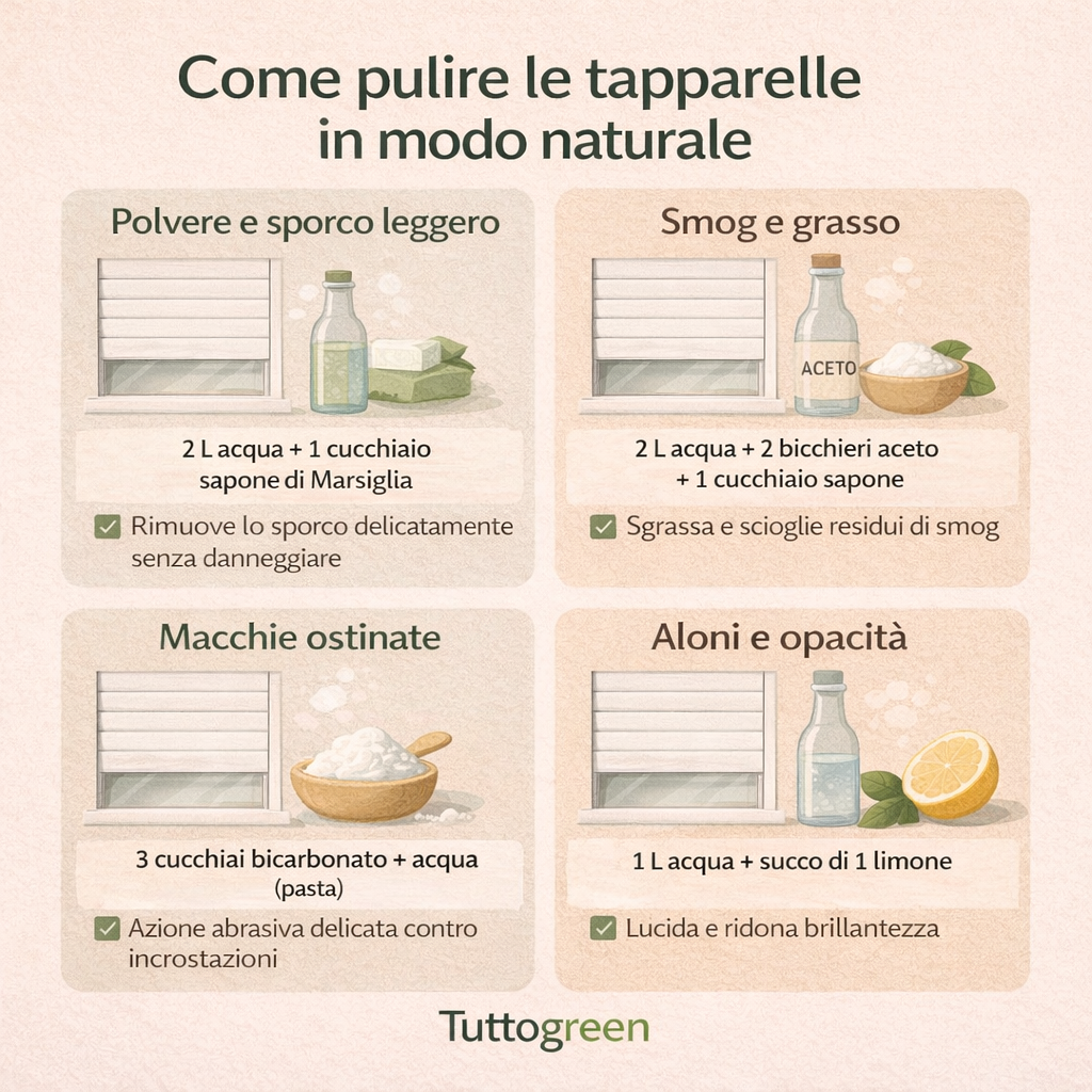 Infografica su come pulire le tapparelle in modo naturale con ricette a base di aceto, bicarbonato, limone e sapone di Marsiglia