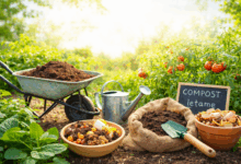 orto con compost e letame naturali per concimare il terreno con pomodori e strumenti da giardinaggio