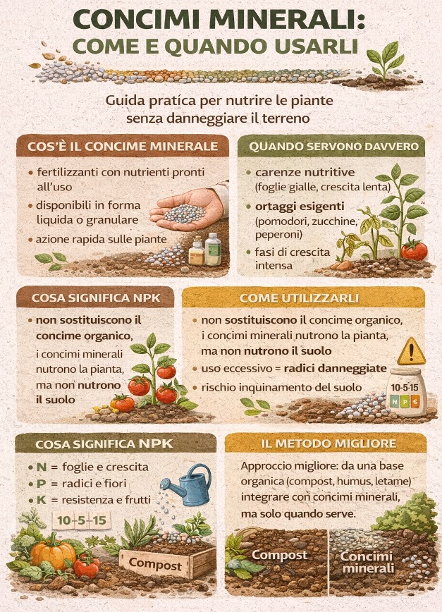 Infografica sui concimi minerali con spiegazione NPK, quando usarli, errori da evitare e consigli per l’orto