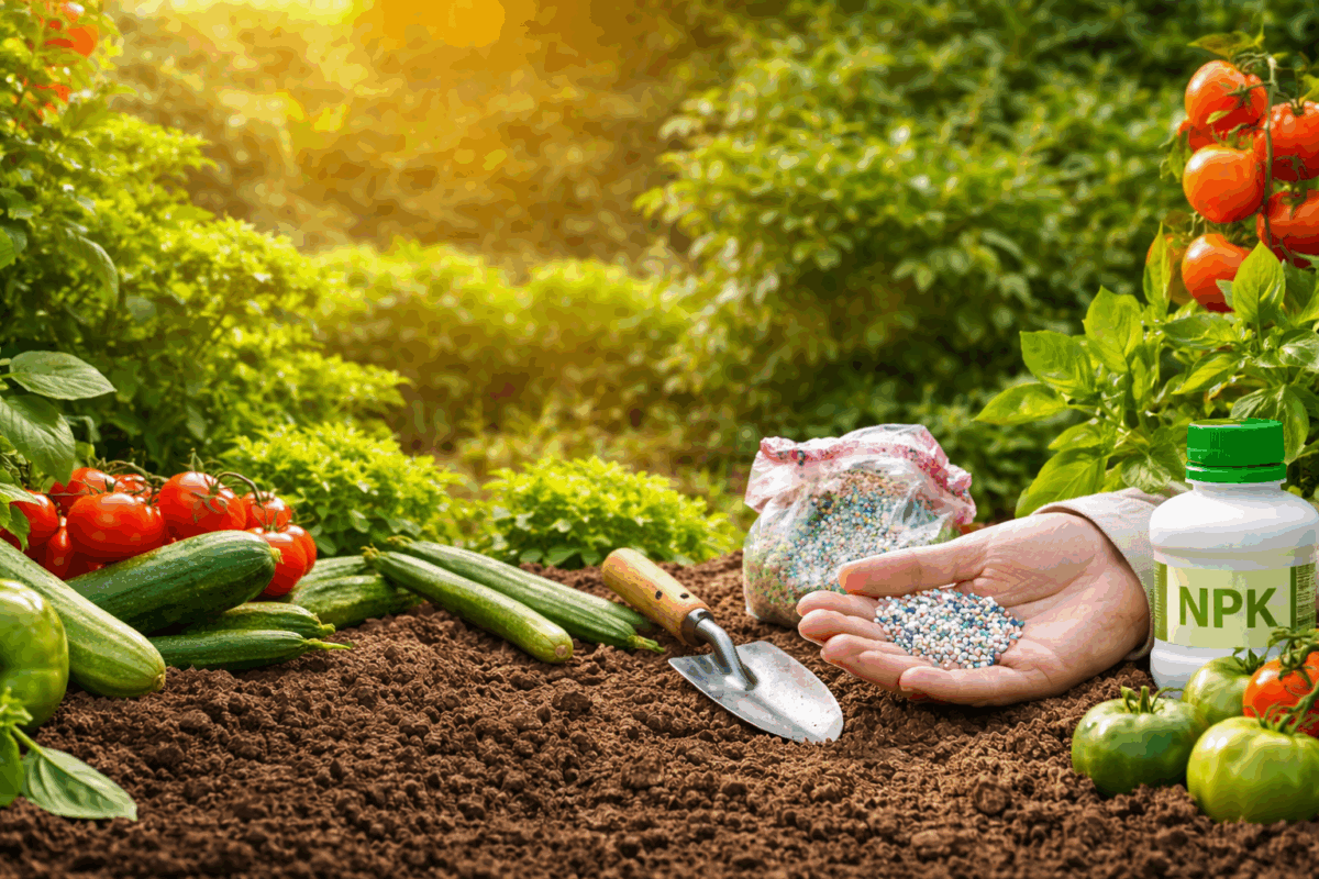 Mano che distribuisce concime minerale granulare su terreno fertile in un orto con pomodori e zucchine