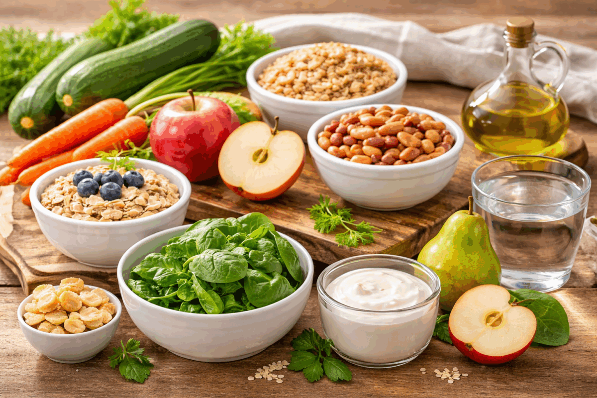 Tavola con i 12 cibi consigliati per i diverticoli: avena, riso integrale, legumi, zucchine, carote, spinaci, mele, pere, yogurt con fermenti vivi, kefir, olio extravergine d’oliva e acqua