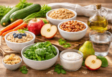 Tavola con i 12 cibi consigliati per i diverticoli: avena, riso integrale, legumi, zucchine, carote, spinaci, mele, pere, yogurt con fermenti vivi, kefir, olio extravergine d’oliva e acqua