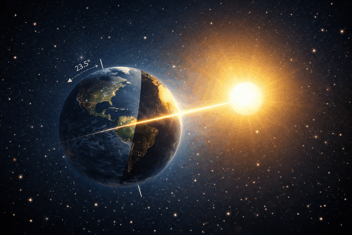 Illustrazione dell’equinozio di primavera con la Terra illuminata dal Sole e la linea che divide giorno e notte