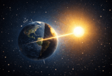 Illustrazione dell’equinozio di primavera con la Terra illuminata dal Sole e la linea che divide giorno e notte