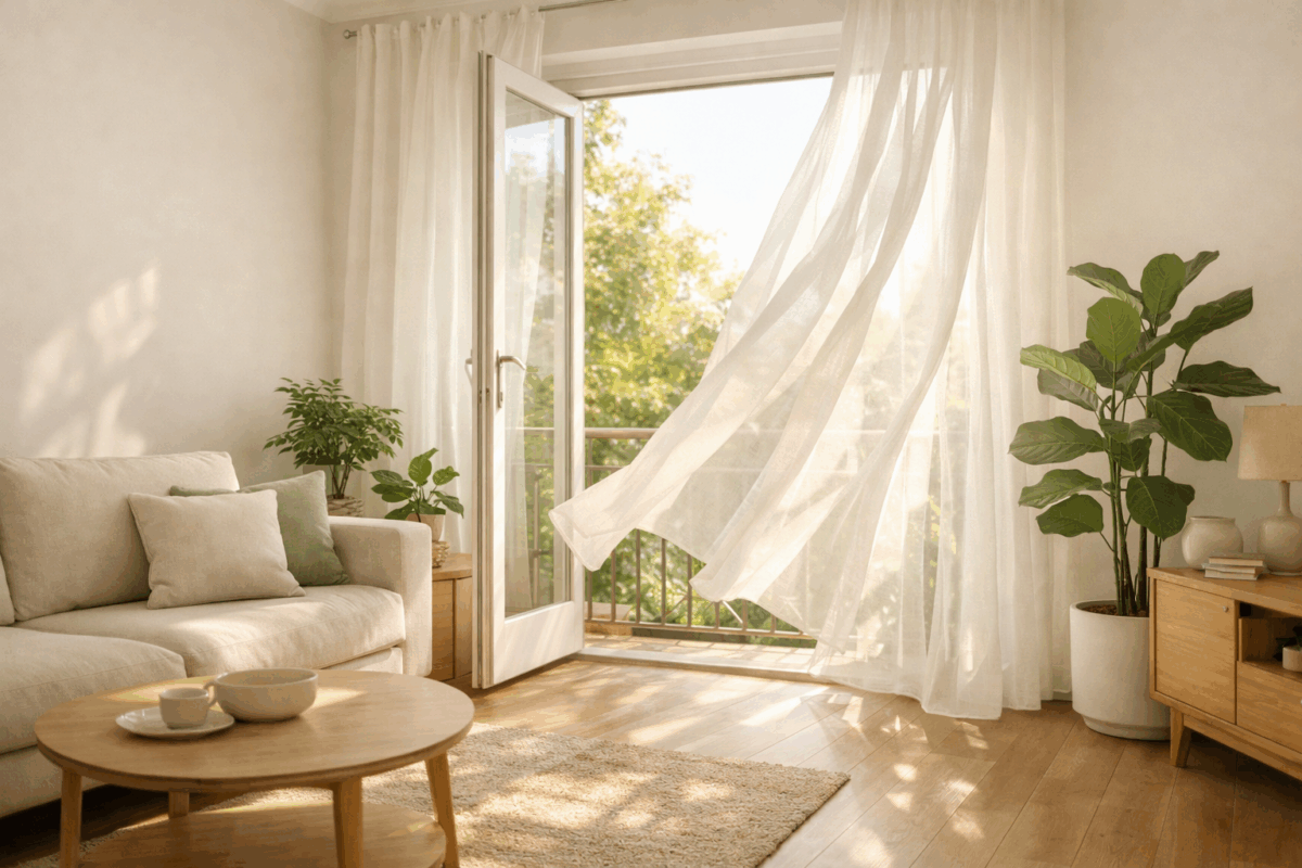 Salotto luminoso con finestra aperta e tende leggere mosse dal vento, piante verdi e atmosfera rilassante in stile Feng Shui