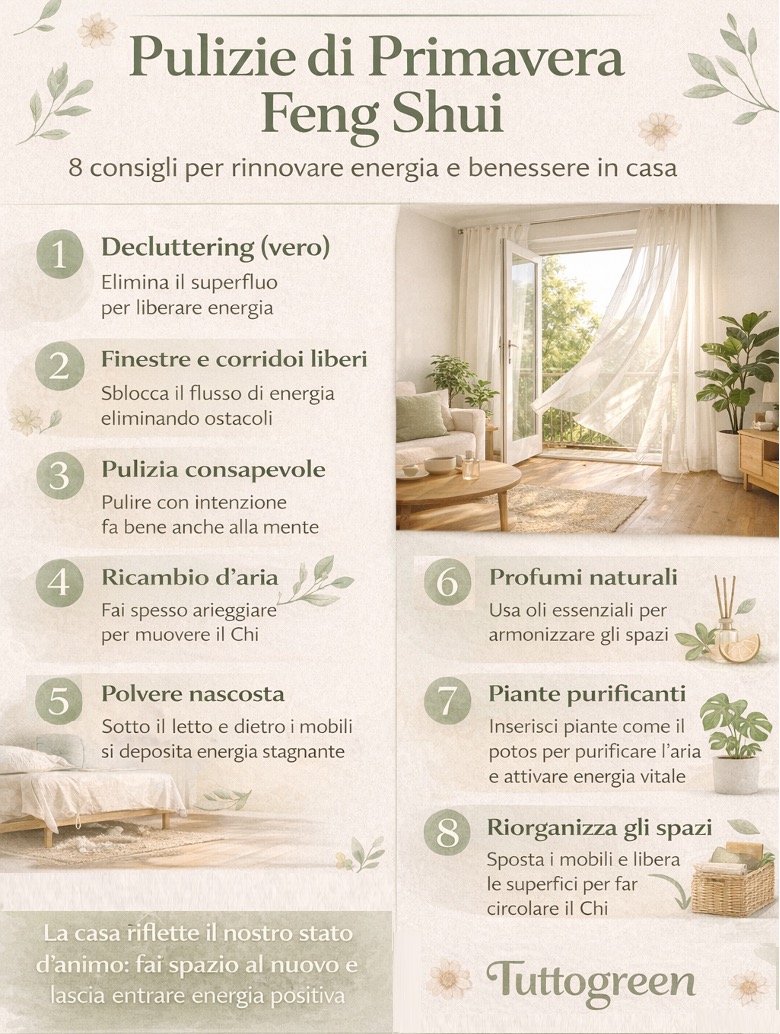 Infografica sulle pulizie di primavera secondo il Feng Shui con 8 consigli pratici per migliorare energia e benessere in casa