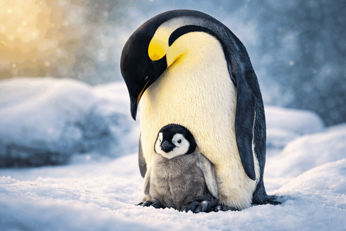 Pinguino imperatore padre che protegge il suo pulcino nella neve dell’Antartide