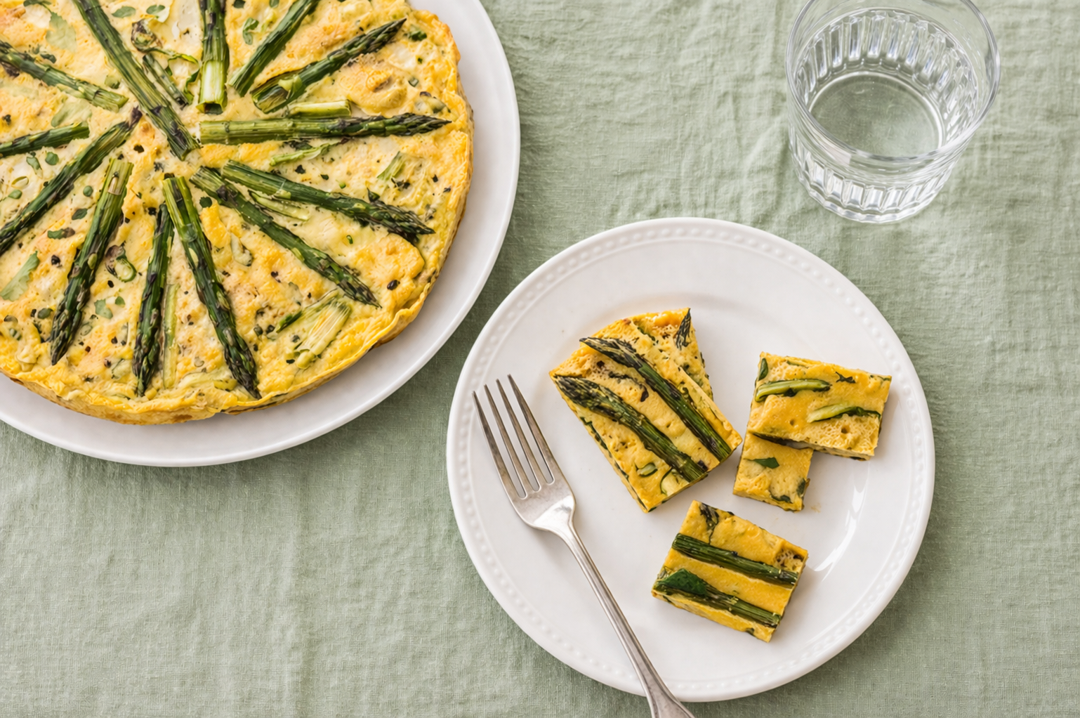 Frittata agli asparagi servita su piatti di porcellana bianca con tovaglia di lino verde salvia e bicchiere d’acqua