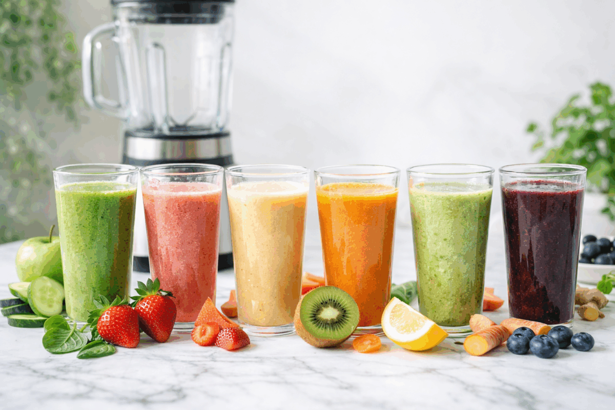 Bicchieri di frullati colorati su tavolo in marmo con frutta e verdura primaverili e frullatore sullo sfondo
