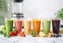 Bicchieri di frullati colorati su tavolo in marmo con frutta e verdura primaverili e frullatore sullo sfondo